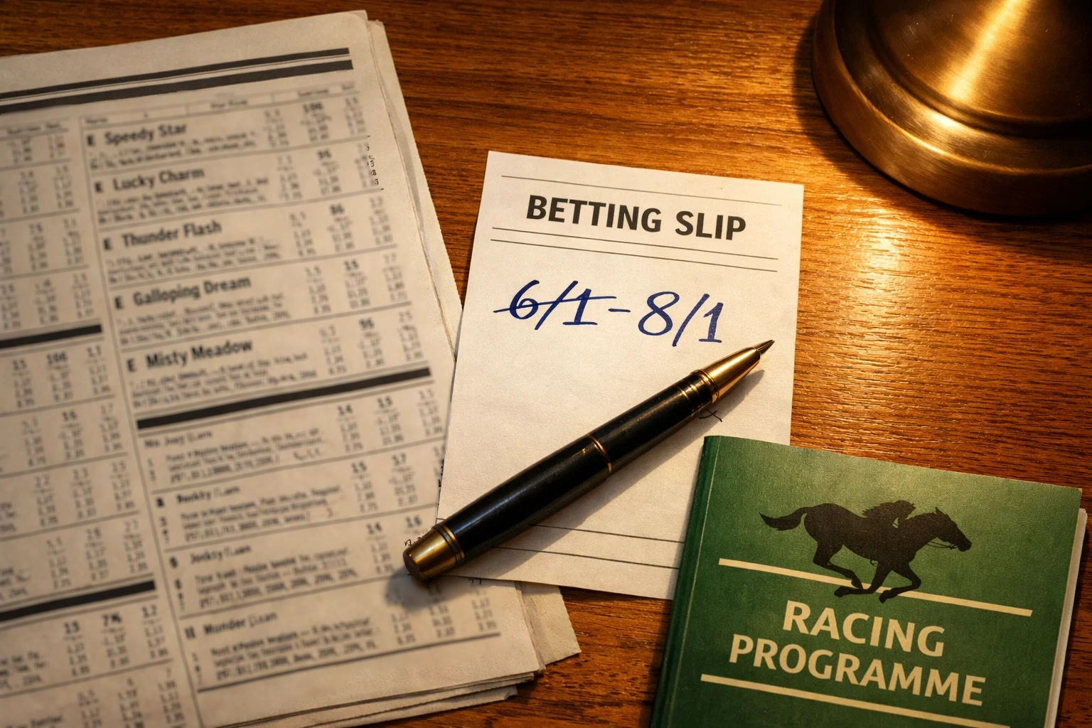 Racing form guide and betting slip showing Best Odds Guaranteed price improvement example