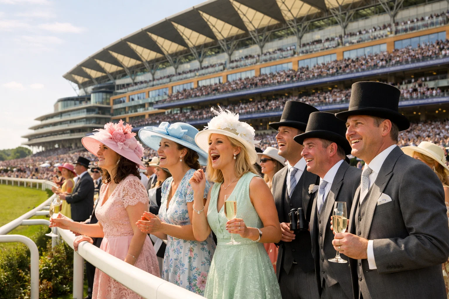 Elegant Royal Ascot crowd in the grandstand with ladies wearing traditional hats and gentlemen in morning dress
