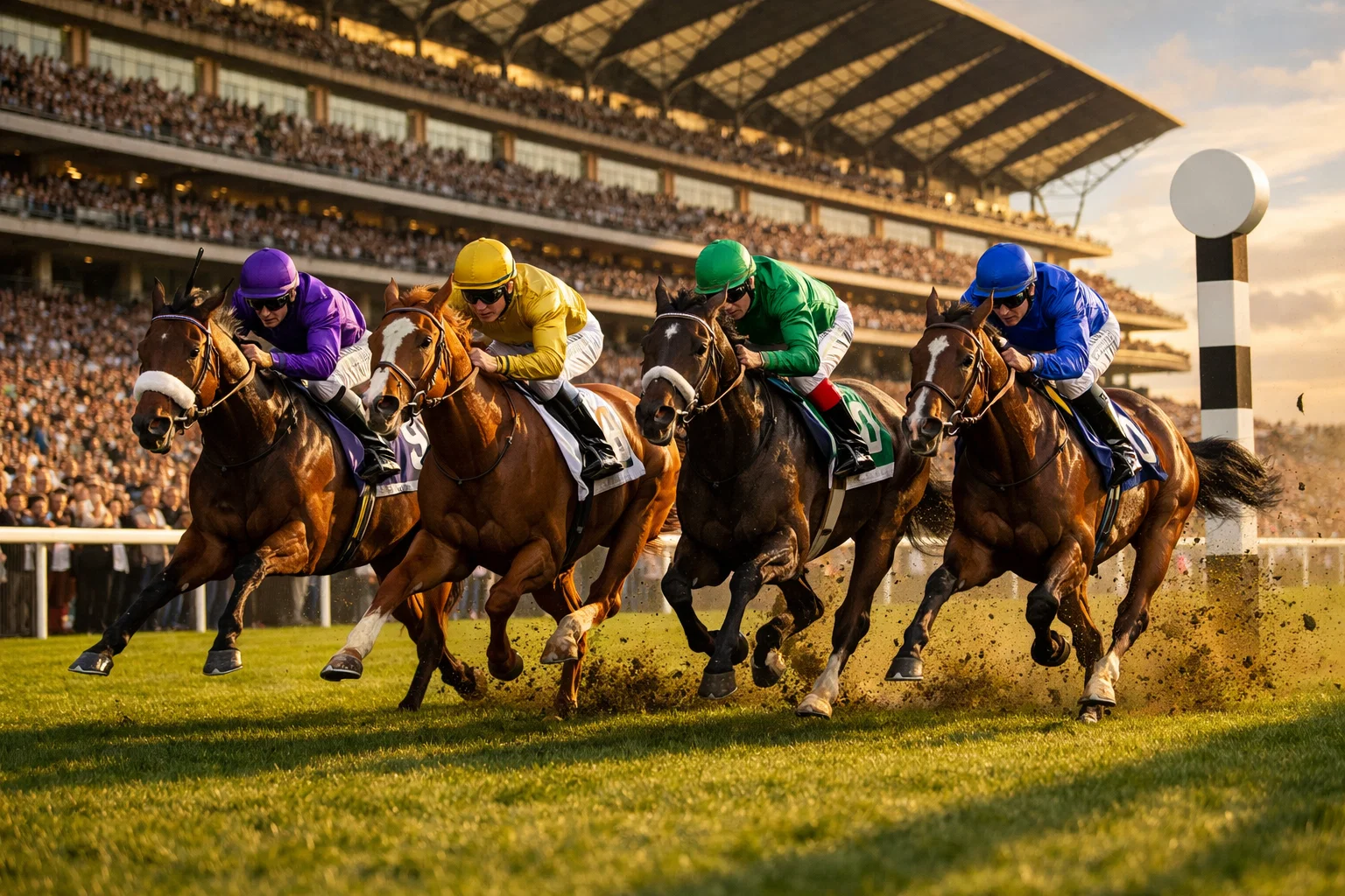 Thoroughbred horses racing down the Ascot straight on Gold Cup Day with packed grandstands