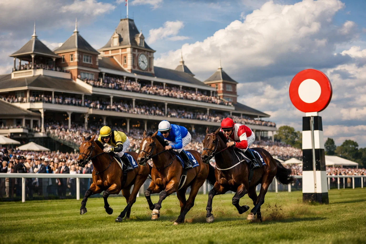 Royal Ascot racecourse grandstand with racegoers watching thoroughbreds racing on the famous straight mile track
